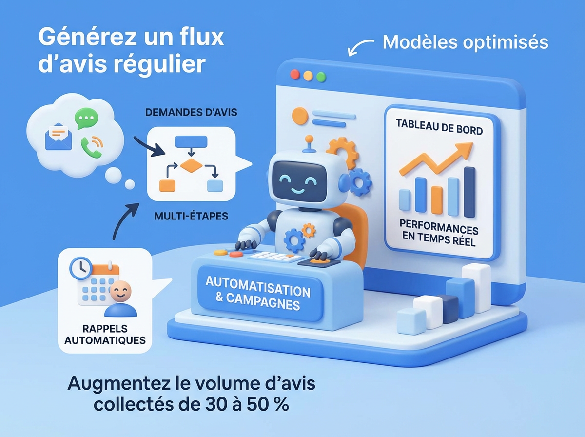 <b>Automatisation &amp; campagnes</b><div><div><i><font size="3">Générez un flux d'avis régulier, sans effort manuel.</font></i></div><div><br></div></div>