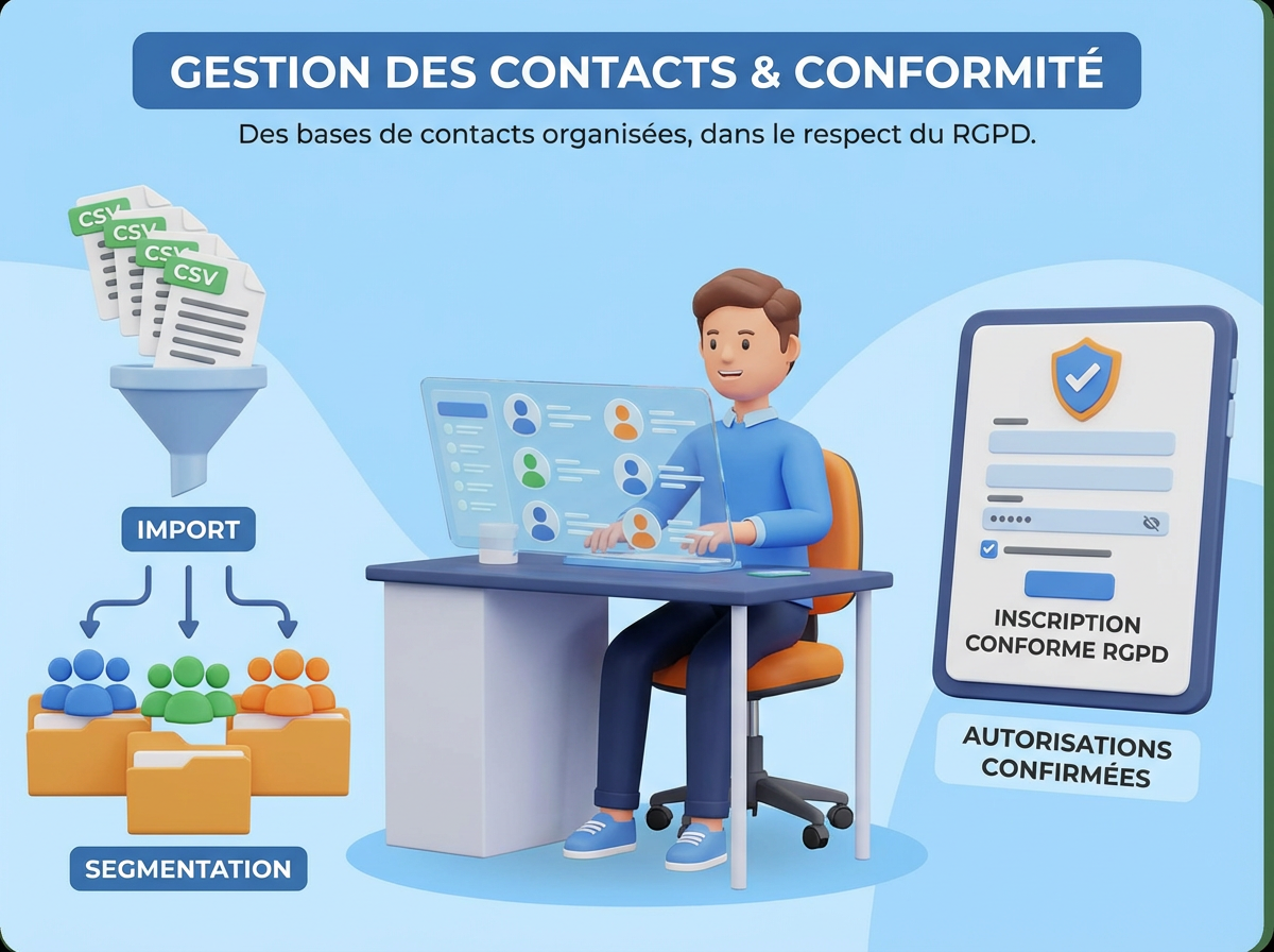 <b>Gestion des contacts &amp; conformité</b><div><i><font size="3">Des bases de contacts organisées, dans le respect du RGPD.</font></i></div>
